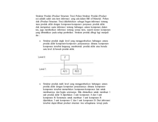 Pohon Struktur Produk (Product Structure Tree) Pohon Struktur Produk (Product
Structure Tree) adalah salah satu item informasi yang ada dalam Bill of Material. Pohon
Struktur Produk (Product Structure Tree) didefinisikan sebagai bagan informasi tentang
hubungan antara produk akhir dengan komponen-komponen penyusun produk akhir.
Struktur produk merupakan suatu informasi tentang hubungan antara komponen dalam
suatu perakitan, juga memberikan informasi tentang semua item, seperti nomor komponen
dan jumlah yang dibutuhkan pada setiap pembelian. Struktur produk dibagi lagi menjadi
dua jenis, yaitu :
 Struktur produk single level yang menggambarkan hubungan antara
produk akhir komponen-komponen penyusunnya dimana komponen-
komponen tersebut langsung membentuk produk akhir atau berada
satu level di bawah produk akhir.
 Struktur produk multi level yang menggambarkan hubungan antara
produk akhir dengan komponen penyusunnya dimana komponen-
komponen tersebut memerlukan komponen-komponen lain untuk
membuatnya dan begitu seterusnya. Bila dimisalkan untuk membuat 1
unit produk akhir X diperlukan 2 unit komponen A dan 1 unit
komponen B. Sementara untuk membuat 1 unit komponen B
diperlukan 3 unit komponen C dan 1 unit komponen D. Dari informasi
tersebut dapat dibuat product structure tree sebagimana tersaji pada
 