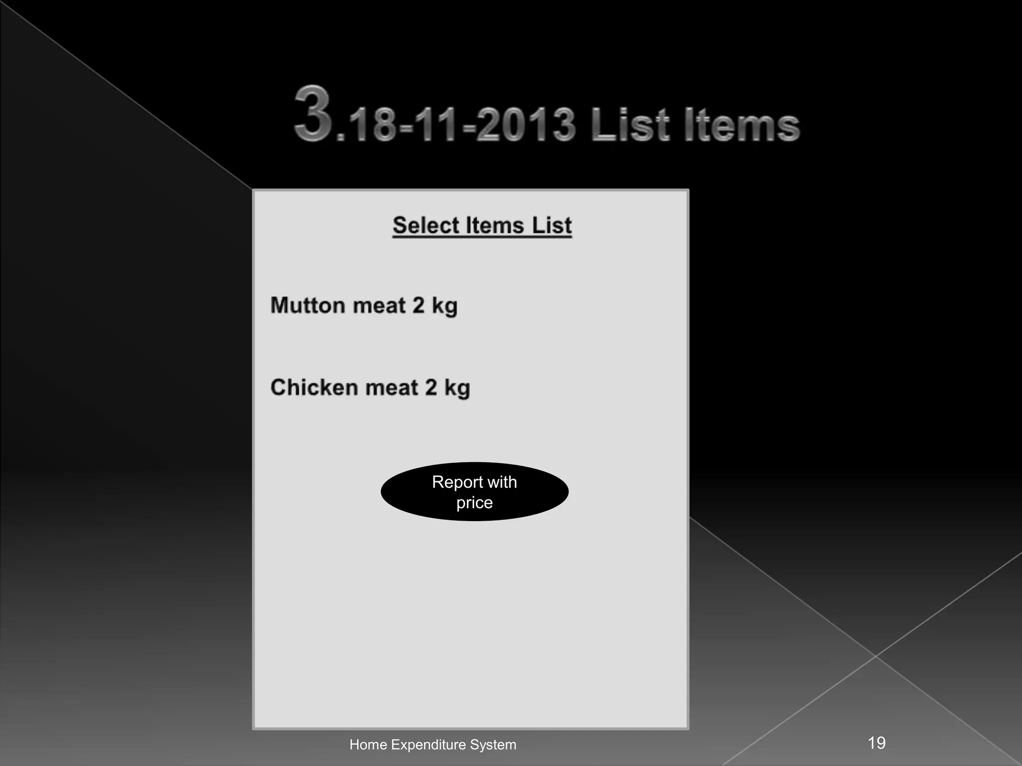 Report with
price

Home Expenditure System

19

 