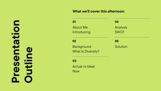 Presentation
Outline
What we'll cover this afternoon:
04
Analysis
SWOT
01
About Me
Introducing
02
Background
What Is Diversity?
05
Solution
03
Actual vs Ideal
Now
 