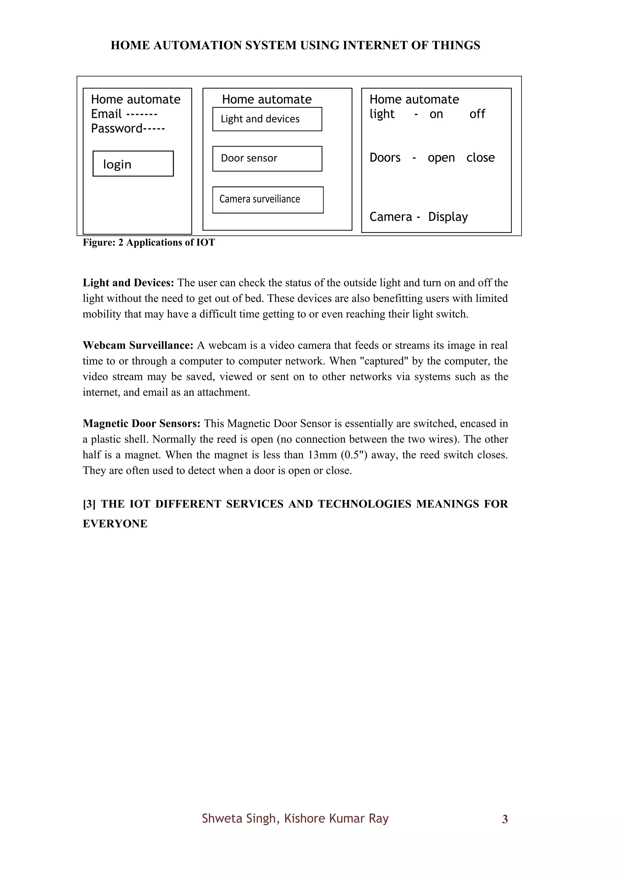 HOME AUTOMATION SYSTEM USING INTERNET OF THINGS
Shweta Singh, Kishore Kumar Ray 3
Figure: 2 Applications of IOT
Light and Devices: The user can check the status of the outside light and turn on and off the
light without the need to get out of bed. These devices are also benefitting users with limited
mobility that may have a difficult time getting to or even reaching their light switch.
Webcam Surveillance: A webcam is a video camera that feeds or streams its image in real
time to or through a computer to computer network. When "captured" by the computer, the
video stream may be saved, viewed or sent on to other networks via systems such as the
internet, and email as an attachment.
Magnetic Door Sensors: This Magnetic Door Sensor is essentially are switched, encased in
a plastic shell. Normally the reed is open (no connection between the two wires). The other
half is a magnet. When the magnet is less than 13mm (0.5") away, the reed switch closes.
They are often used to detect when a door is open or close.
[3] THE IOT DIFFERENT SERVICES AND TECHNOLOGIES MEANINGS FOR
EVERYONE
Home automate
Email -------
Password-----
login
Home automate
Light and devices
Door sensor
Camera surveiliance
Home automate
light - on off
Doors - open close
Camera - Display
 