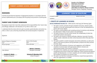 Republic of the Philippines
Department of Education
Region III-Central Luzon
Schools Division of Pampanga
DOLORES NATIONAL HIGH SCHOOL
Barangay Dolores, Magalang, Pampanga
STUDENTS’ NAME: _____________________________ GRADE & SECTION:________________
ADDRESS:_____________________________________________________________________
I. RIGHTS OF LEARNERS IN SCHOOL
BATAS PAMBANSA BILANG 232 – DNHS learners shall enjoy the following rights:
1. The right to receive, primarily through competent instruction, relevant quality
education in line with national goals and conducive to their full development as
person with human dignity.
2. The right to school guidance and counseling services for decisions and selecting
the alternatives in fields of work suited to his potentialities.
3. The right of access to his own school records, the confidentiality of which the
school shall maintain and preserve.
4. The right to the issuance of official certificates, diplomas, transcript of records,
grades, transfer credentials and other similar documents within thirty days from
request.
5. The right to publish a student newspaper and similar publications, as well as the
right to invite resource persons during assemblies, symposia and other activities
of similar nature.
6. The right to free expression of opinions and suggestions, and to effective
channels of communication with appropriate academic channels and
administrative bodies of the school or institution.
7. The right to form, establish, join and participate in organizations and societies
recognized by the school to foster their intellectual, cultural, spiritual and physical
growth and development, or to form, establish, join and maintain organizations
and societies for purposes not contrary to law.
8. The right to be free from involuntary contributions, except those approved by
their own organizations or societies.
REMINDER:
It will be ensured that the imposition of appropriate discipline is in accordance with the
process implemented and in accordance with the policies and provisions of existing laws.
PARENT AND STUDENT ADMISSION
My signature means that I have fully understood all the responsibilities that I have to face
and willingly collaborate in the education of my child or child in care.
I understand that the school will do its part to provide a good education and protect my
child or child in care so that they should follow the humane discipline it implements.
Signature:
________________________________________
Name of Parent or Guardian
Date: ____________________
Phone Number: ___________________
_____________________________________ Benito S. Tolentino___
Class Advisor Discipline Committee
Jonathan O. Abubo Victorino D. Manicdao, Ed.D.
Guidance Designate School Principal II
LEARNERS’ CODE OF DISCIPLINE
PARENT–LEARNER–SCHOOL AGREEMENT
________________________________________
Name of the Student
Date: ____________________
Phone Number: ____________________
 