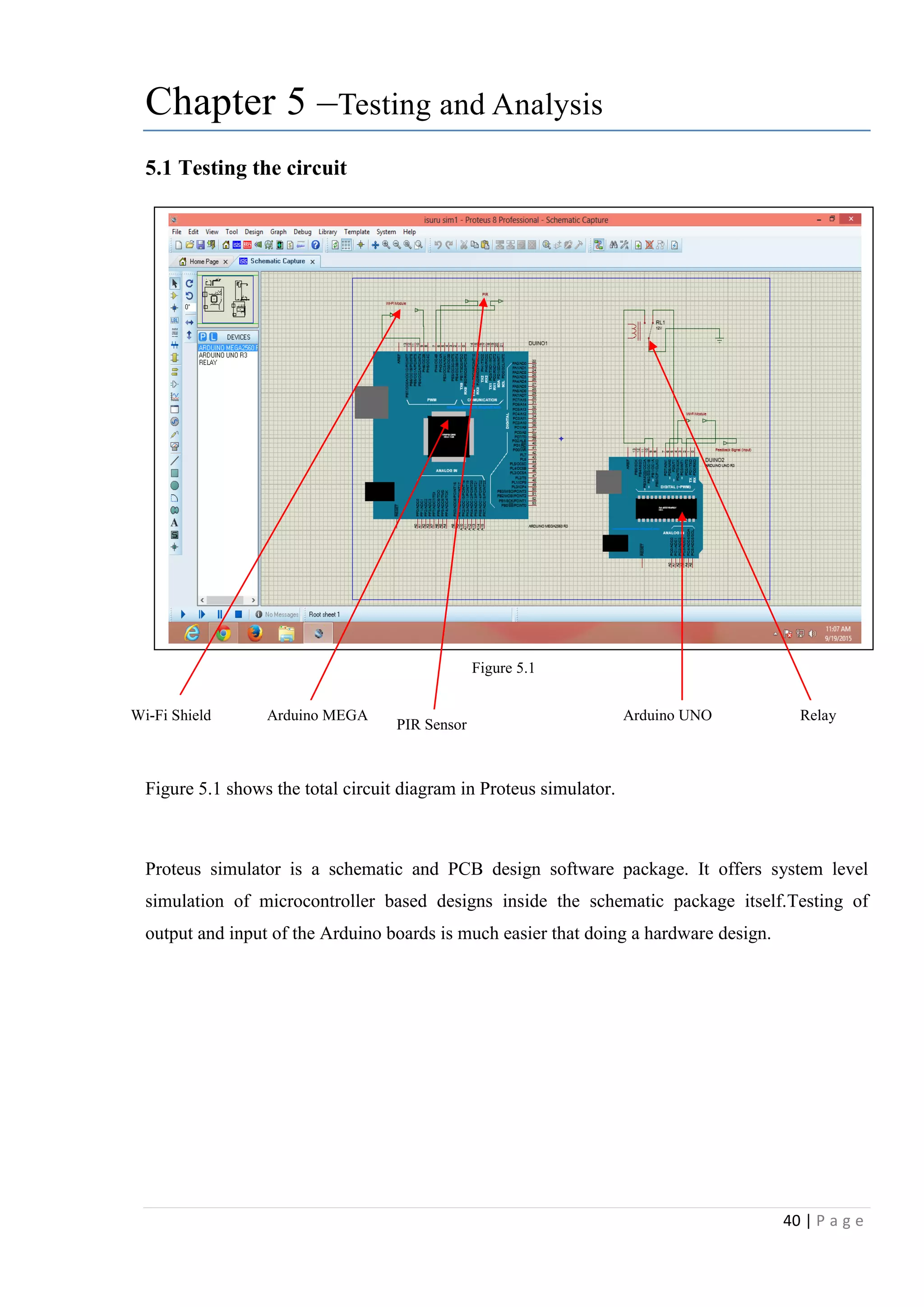 40 | P a g e
Chapter 5 –Testing and Analysis
5.1 Testing the circuit
Figure 5.1 shows the total circuit diagram in Proteus simulator.
Proteus simulator is a schematic and PCB design software package. It offers system level
simulation of microcontroller based designs inside the schematic package itself.Testing of
output and input of the Arduino boards is much easier that doing a hardware design.
Figure 5.1
Wi-Fi Shield Arduino MEGA Arduino UNO
PIR Sensor
Relay
 