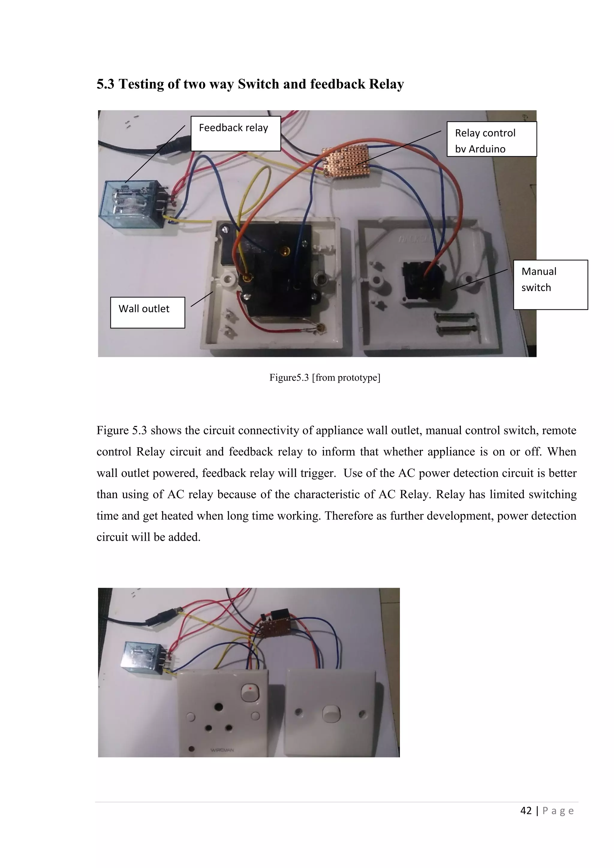 42 | P a g e
5.3 Testing of two way Switch and feedback Relay
Figure 5.3 shows the circuit connectivity of appliance wall outlet, manual control switch, remote
control Relay circuit and feedback relay to inform that whether appliance is on or off. When
wall outlet powered, feedback relay will trigger. Use of the AC power detection circuit is better
than using of AC relay because of the characteristic of AC Relay. Relay has limited switching
time and get heated when long time working. Therefore as further development, power detection
circuit will be added.
Figure5.3 [from prototype]
Relay control
by Arduino
Feedback relay
Wall outlet
Manual
switch
 