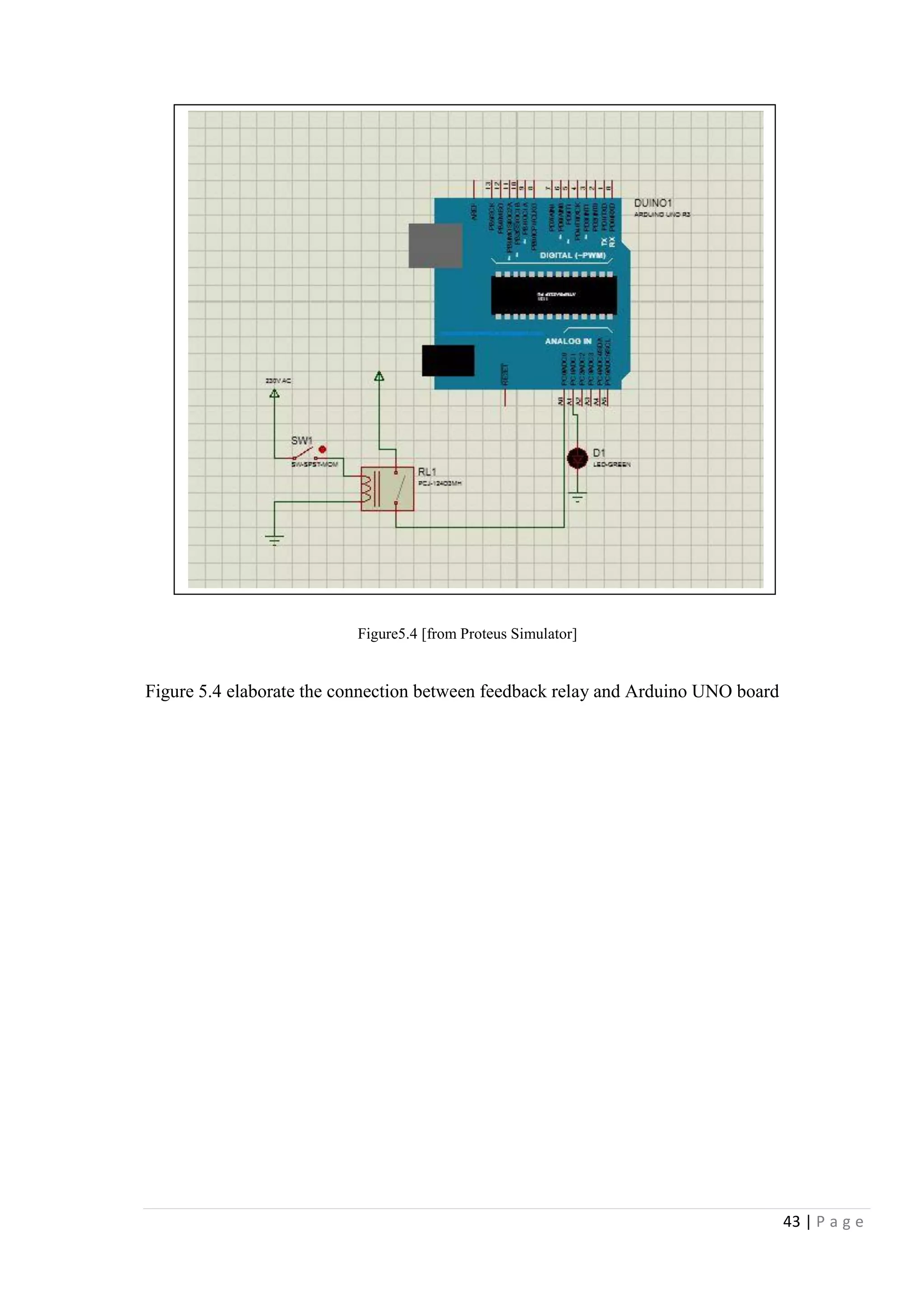 43 | P a g e
Figure 5.4 elaborate the connection between feedback relay and Arduino UNO board
Figure5.4 [from Proteus Simulator]
 