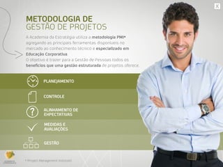A Academia da Estratégia utiliza a metodologia PMI*
agregando as principais ferramentas disponíveis no
mercado ao conhecimento técnico e especializado em
Educação Corporativa.
O objetivo é trazer para a Gestão de Pessoas todos os
benefícios que uma gestão estruturada de projetos oferece.
 * (Project Management Institute)
METODOLOGIA DE
GESTÃO DE PROJETOS
 