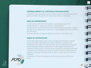 DESENVOLVIMENTO DE CONTEÚDOS PERSONALIZADOS
MAPA DE APRENDIZAGEM
BANCO DE APRENDIZAGEM
Utilizando nossa expertise criamos e desenvolvemos soluções específicas
para os clientes, de acordo com suas necessidades e demandas.
É uma maneira diferente de consolidar o aprendizado a partir da
construção de um mapa pelos próprios colaboradores.
Esta ferramenta utiliza as premissas de aprendizagem de adultos, resgate
da experiência, pensamento sistêmico e a participação efetiva no processo
de construção.
Pode ser utilizado na disseminação de processos, informações, etc.
O mercado muda rápido assim como as exigências do público. Nessas
horas, prontidão e agilidade fazem toda a diferença. A Academia da
Estratégia criou o Banco de Aprendizagem para as empresas que buscam
implementações rápidas, resultados em curto espaço de tempo e/ou
precisam complementar as ações de seus programas de desenvolvimento.
 O sistema de contratação por meio de créditos permite implementar um
trabalho consistente de qualificação, explorar a ampla oferta de temas e
objetivos,
ou aplicar um mesmo treinamento a diferentes grupos em diferentes
locais.
 