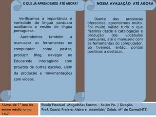 Alunos do 1º ano do ensino médio turma 1M7.   O QUE JÁ APRENDEMOS  ATÉ AGORA ?  NOSSA AVALIAÇÃO  ATÉ AGORA Escola Estadual  Magalhães Barata – Belém Pa. / Direção:  Prof. Coord. Projeto: Alzira e  Ademilde/ Colab. Mª do Carmo(NTE)‏ Verificamos a importância e variedade da língua parauara auxiliando o ensino de língua portuguesa. Aprendemos também a manusear as ferramentas no computador como postar, produzir Blog, navegar no Educarede interagindo com projetos de outras escolas, além da produção e movimentações com vídeos. Diante das propostas oferecidas, aprendemos muito. Foi muito válido tudo o que fizemos desde a catalogação e produção dos vocábulos parauaras, até o manuseio com as ferramentas do computador. Só tivemos, então, pontos positivos a destacar. 