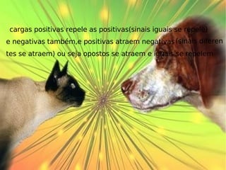 cargas positivas repele as positivas(sinais iguais se repele) e negativas também,e positivas atraem negativas (sinais diferen tes se atraem) ou seja opostos se atraem e iguais se repelem 