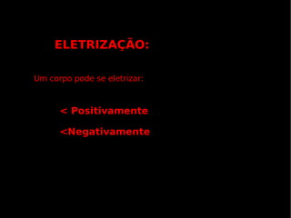 ELETRIZAÇÃO: Um corpo pode se eletrizar: <Negativamente < Positivamente 