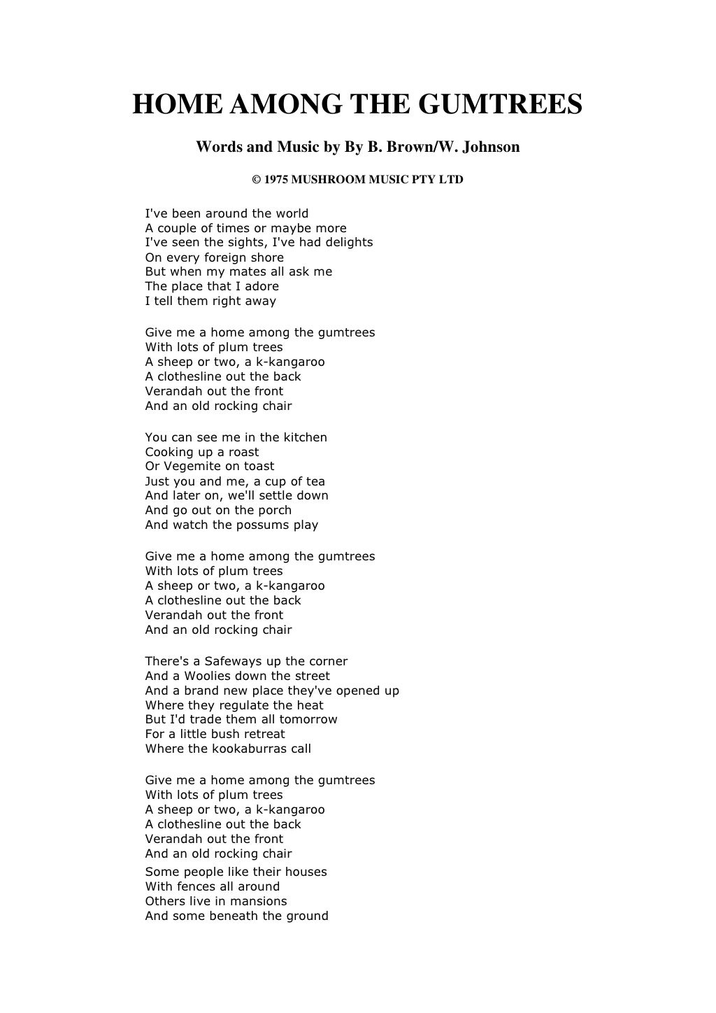 Home amongst the gum trees lyrics