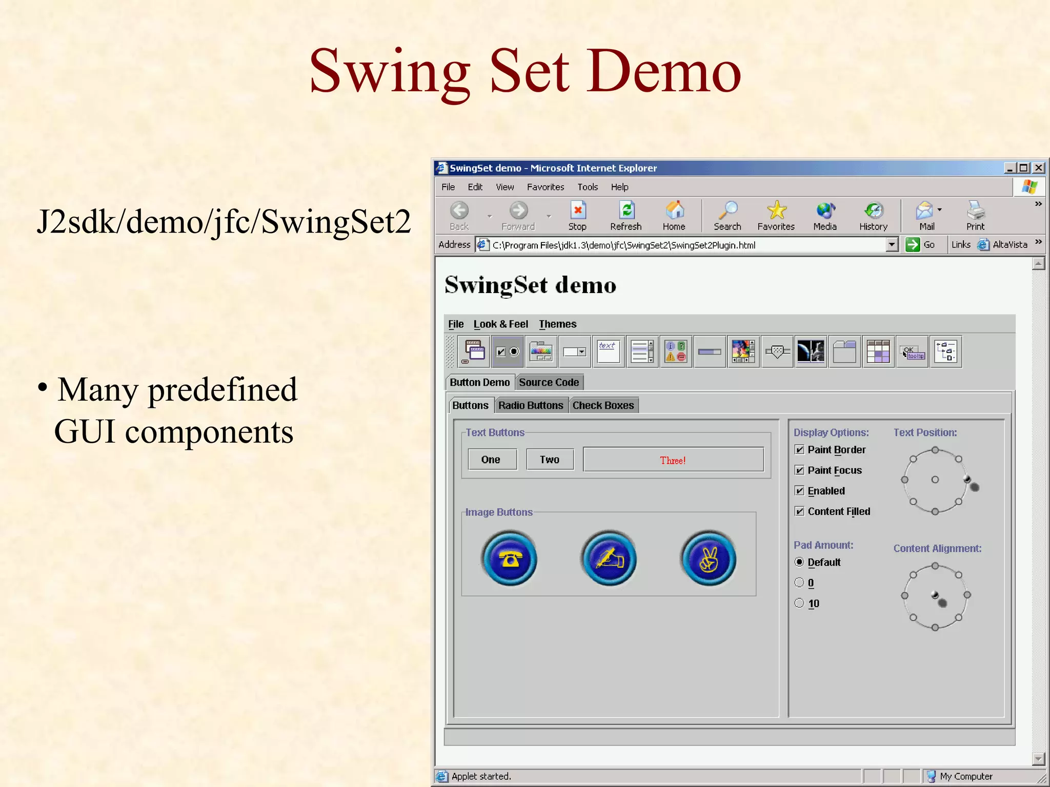 Swing Set Demo J2sdk/demo/jfc/SwingSet2 Many predefined    GUI components 