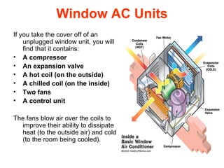 Window AC Units If you take the cover off of an unplugged window unit, you will find that it contains:  A compressor  An expansion valve  A hot coil (on the outside)  A chilled coil (on the inside)  Two fans  A control unit  The fans blow air over the coils to improve their ability to dissipate heat (to the outside air) and cold (to the room being cooled).  