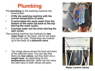 Plumbing The  plumbing  on the washing machine has several jobs:  It fills the washing machine with the correct temperature of water.  It recirculates the wash water from the bottom of the wash tub back to the top (during the wash cycle).  It pumps water out the drain (during the spin cycle).  The washing machine has hookups for  two water lines  on the back, one for hot water and one for cold. These lines are hooked up to the body of a  solenoid valve .  The image above shows the back and front of the solenoid valve. You can see that there are  two valves , but they feed into a  single hose . So depending on the  temperature  selected, either the hot valve, the cold valve or both valves will open.  Water control valves   