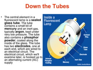 Down the Tubes The central element in a fluorescent lamp is a  sealed glass tube . The tube contains a small bit of  mercury  and an inert gas, typically  argon , kept under very low pressure. The tube also contains a   phosphor   powder , coated along the inside of the glass. The tube has two  electrodes , one at each end, which are wired to an electrical circuit. The electrical circuit, which we'll examine later, is hooked up to an alternating current (AC) supply  