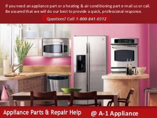 @ A-1 Appliance
If you need an appliance part or a heating & air conditioning part e-mail us or call.
Be assured that we will do our best to provide a quick, professional response.
 