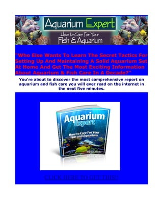 "Who Else Wants To Learn The Secret Tactics For
Setting Up And Maintaining A Solid Aquarium Set
At Home And Get The Most Exciting Information
About Aquarium & Fish Care In A Decade?"
 You're about to discover the most comprehensive report on
 aquarium and fish care you will ever read on the internet in
                    the next five minutes.




             CLICK HERE TO GET THIS!!
 