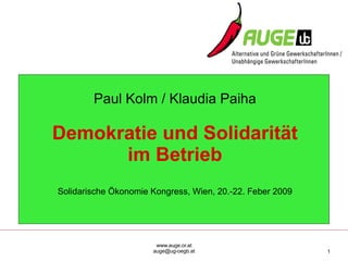 Paul Kolm / Klaudia Paiha Demokratie und Solidarität im Betrieb Solidarische Ökonomie Kongress, Wien, 20.-22. Feber 2009 