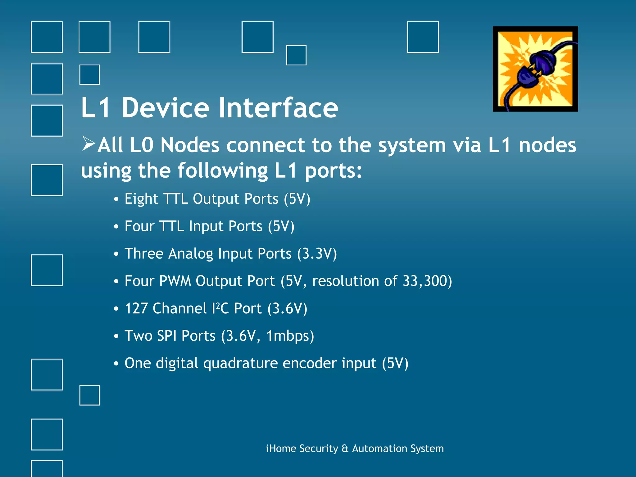 iHome Security & Automation System L1 Device Interface Eight TTL Output Ports (5V) Four TTL Input Ports (5V) Three Analog Input Ports (3.3V) Four PWM Output Port (5V, resolution of 33,300) 127 Channel I 2 C Port (3.6V) Two SPI Ports (3.6V, 1mbps) One digital quadrature encoder input (5V) All L0 Nodes connect to the system via L1 nodes using the following L1 ports: 