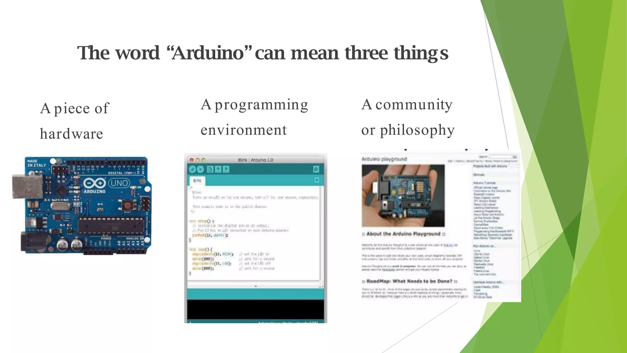 The word “Arduino”can mean three things
A piece of
hardware
A programming
environment
A community
or philosophy
 