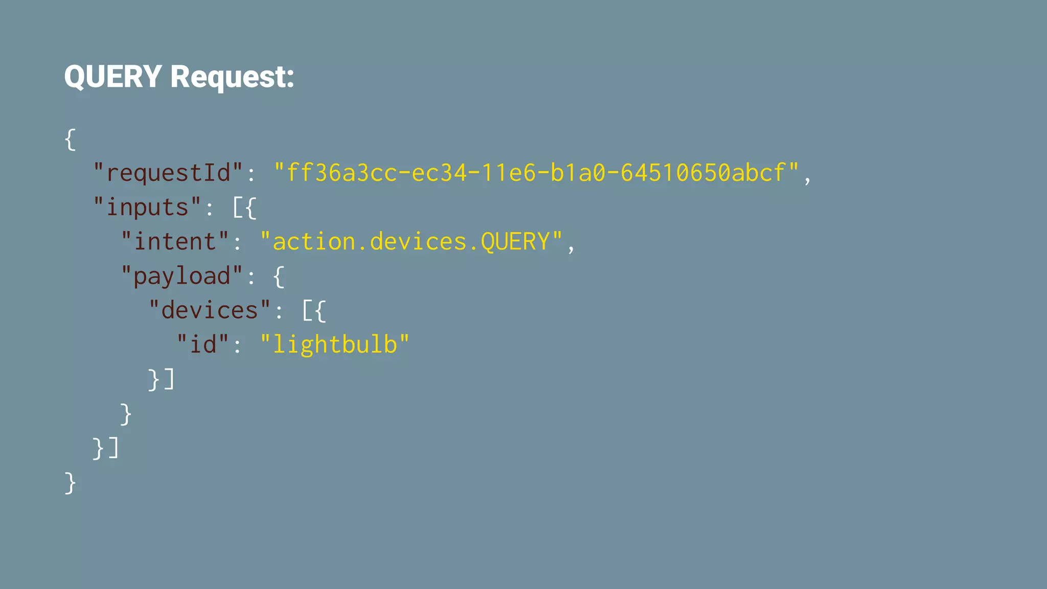 QUERY Request:
{
"requestId": "ff36a3cc-ec34-11e6-b1a0-64510650abcf",
"inputs": [{
"intent": "action.devices.QUERY",
"payload": {
"devices": [{
"id": "lightbulb"
}]
}
}]
}
 