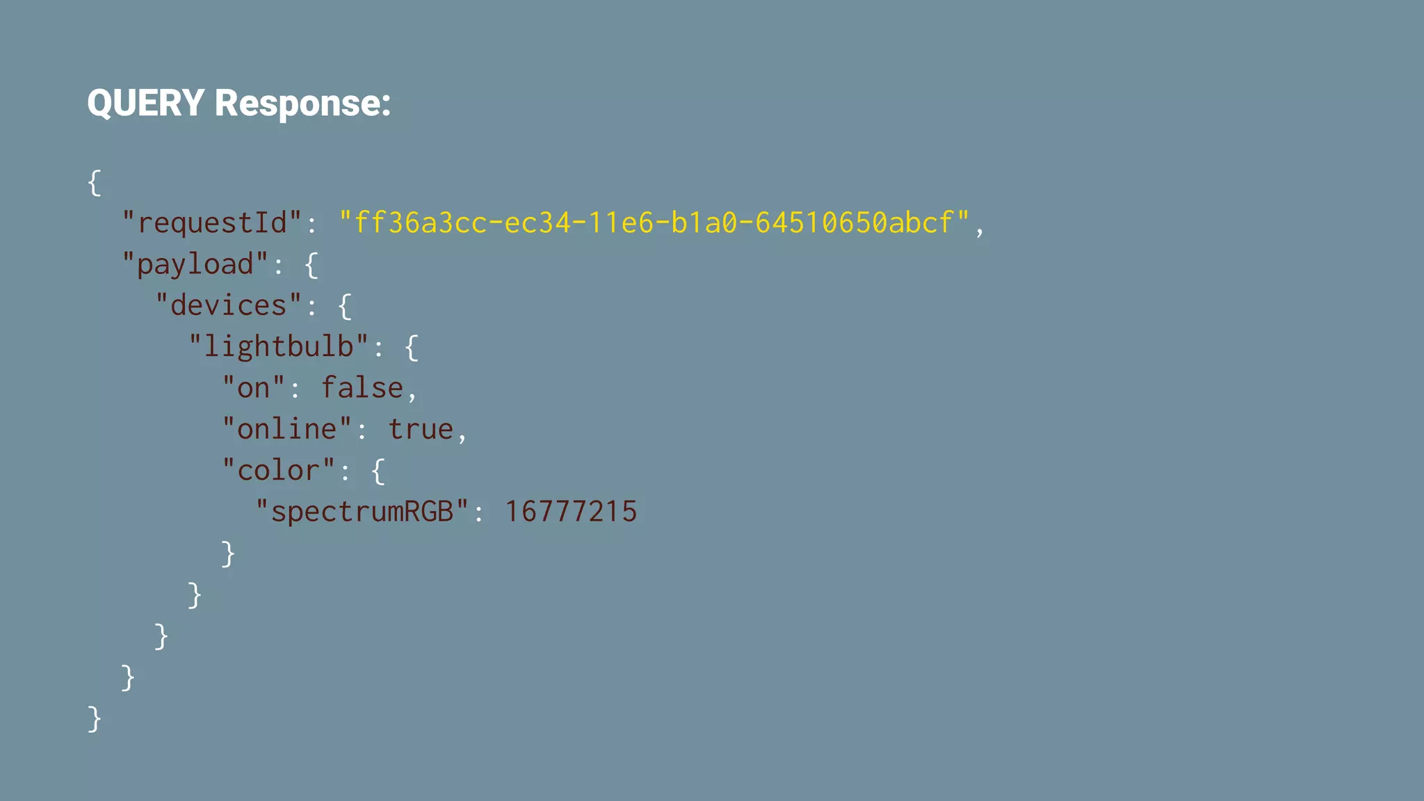 QUERY Response:
{
"requestId": "ff36a3cc-ec34-11e6-b1a0-64510650abcf",
"payload": {
"devices": {
"lightbulb": {
"on": false,
"online": true,
"color": {
"spectrumRGB": 16777215
}
}
}
}
}
 