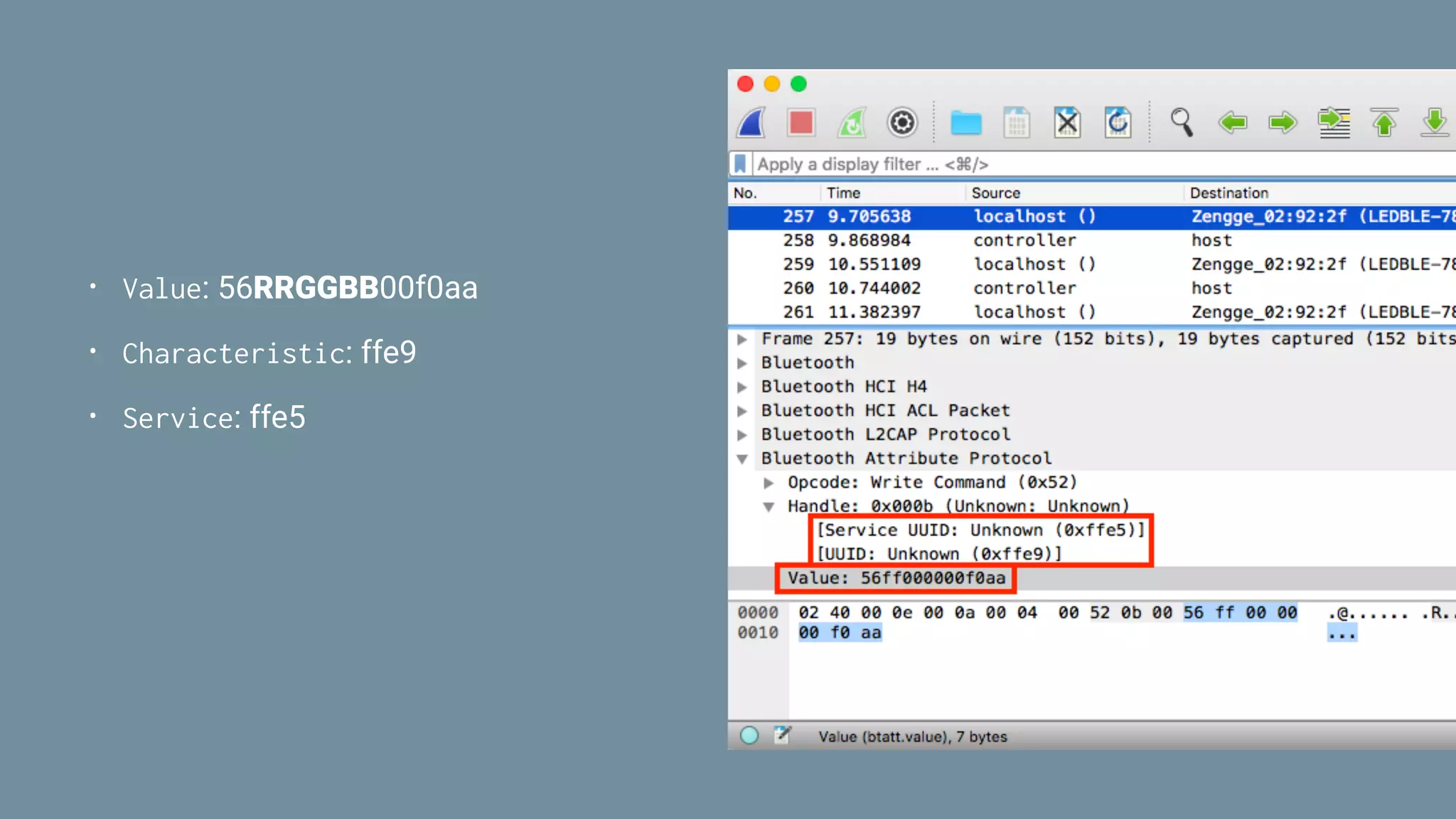 • Value: 56RRGGBB00f0aa
• Characteristic: ffe9
• Service: ffe5
 