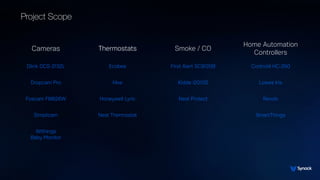 Project Scope
Cameras Thermostats Smoke / CO
Home Automation
Controllers
Dlink DCS-2132L Ecobee First Alert SC9120B Contro...