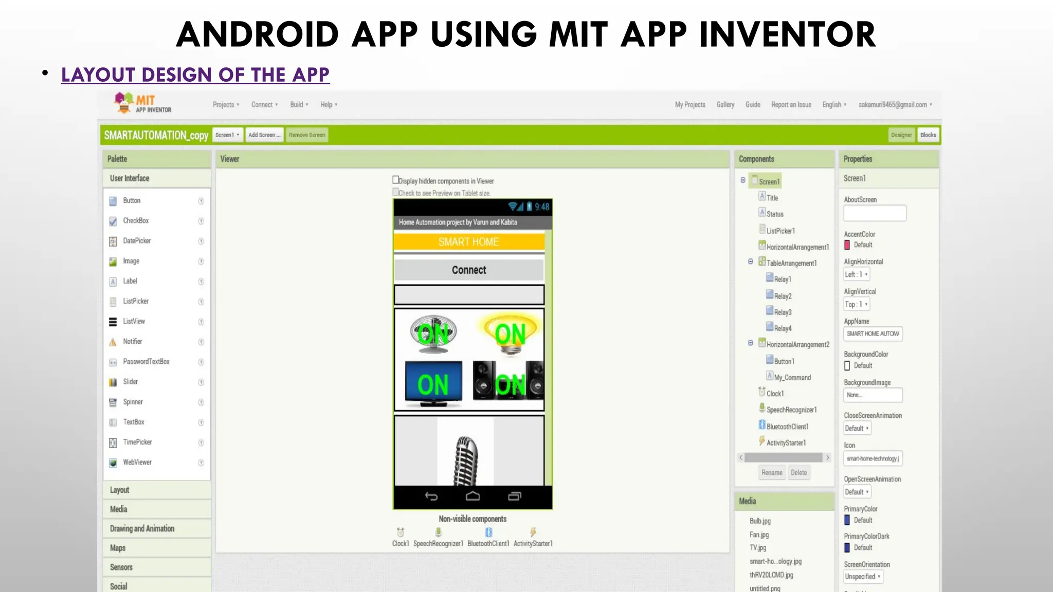 ANDROID APP USING MIT APP INVENTOR
• LAYOUT DESIGN OF THE APP
 