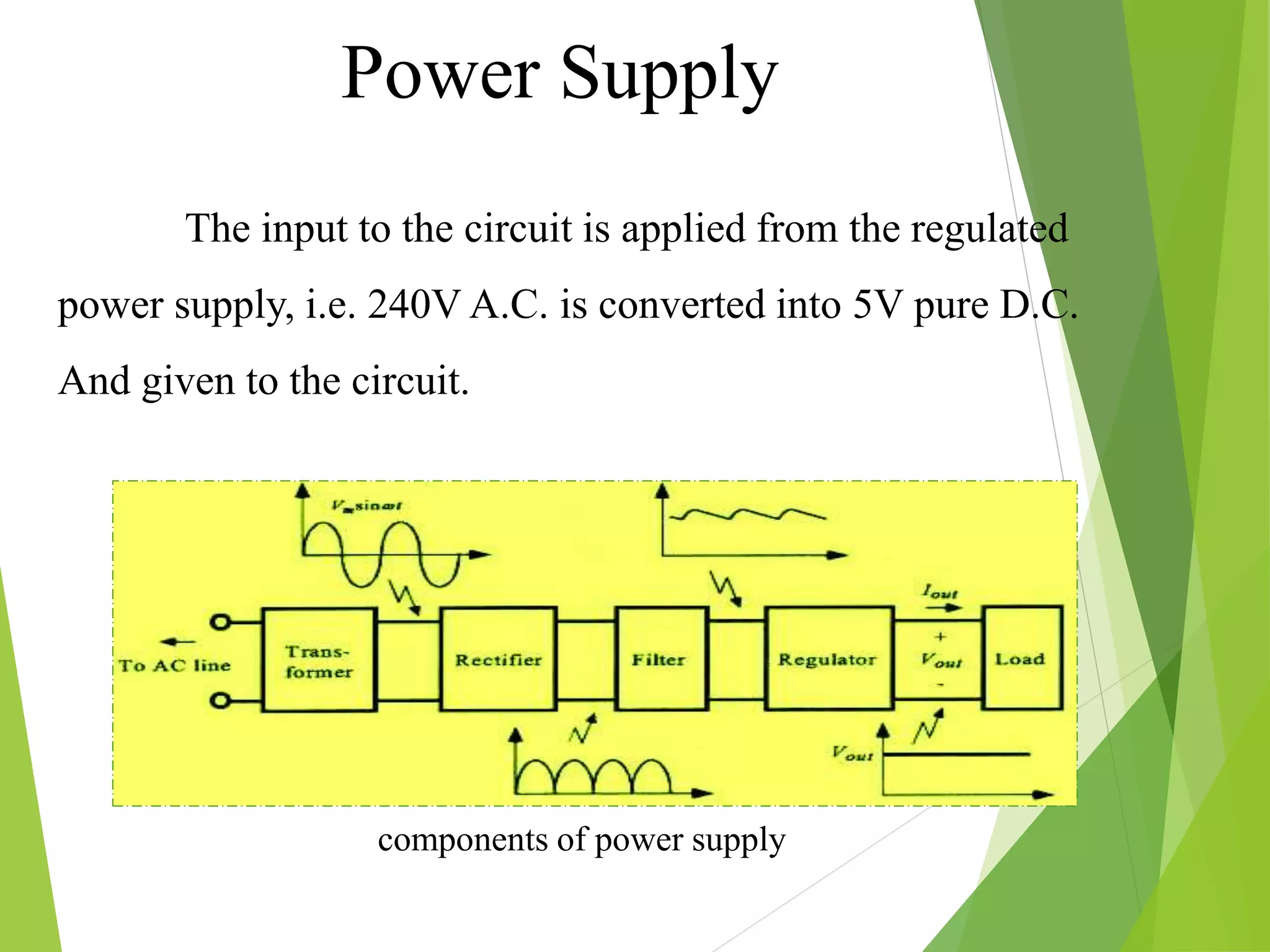 The input to the circuit is applied from the regulated
power supply, i.e. 240V A.C. is converted into 5V pure D.C.
And given to the circuit.
components of power supply
Power Supply
 