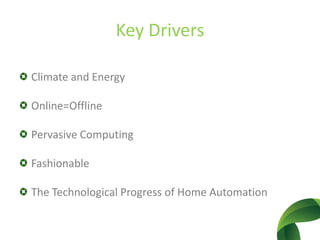 Key DriversClimate and EnergyOnline=OfflinePervasiveComputingFashionableThe TechnologicalProgress of Home Automation