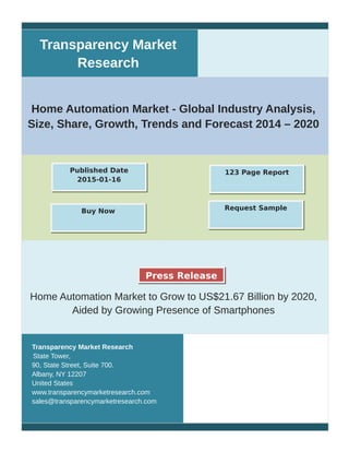 Transparency Market
Research
Home Automation Market - Global Industry Analysis,
Size, Share, Growth, Trends and Forecast 2014 – 2020
Home Automation Market to Grow to US$21.67 Billion by 2020,
Aided by Growing Presence of Smartphones
Transparency Market Research
State Tower,
90, State Street, Suite 700.
Albany, NY 12207
United States
www.transparencymarketresearch.com
sales@transparencymarketresearch.com
123 Page ReportPublished Date
2015-01-16
Buy Now Request Sample
Press Release
 