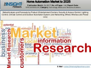 Global Analysis and Forecasts by Product (Entertainment Centers, Security & Access Control, Lighting
Control, Climate Control and Outdoor Automation System) and Networking (Wired, Wireless and Power-
Line)
Home Automation Market to 2025
Publication Month: Oct 2017| No. of Pages: 190| Report Code:
TIPTE100000139 | Category: Technology, Media and Telecomunications
E-Mail : sales@theinsightpartners.com
 