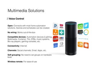 Multimedia Solutions
2.Voice Control 
 
 
Open: Connects with most home automation
solutions. Scenes and schedules can be created. 
 
No wiring: Works out-of-the-box  
 
Compatible devices: Automation devices (Lighting,
Multimedia, Curtains), TVs, STBs, music systems,
Blu-ray players, gaming consoles, etc.  
 
Connectivity: Internet 
 
Channels: Social channels, Email, Apps, etc. 
 
Soft grouping: No need to set groups on hardware
level. 
 
Wireless remote: For ease-of-use
 