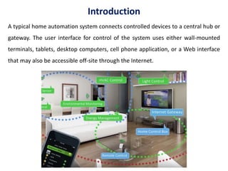 Introduction
A typical home automation system connects controlled devices to a central hub or
gateway. The user interface for control of the system uses either wall-mounted
terminals, tablets, desktop computers, cell phone application, or a Web interface
that may also be accessible off-site through the Internet.
 