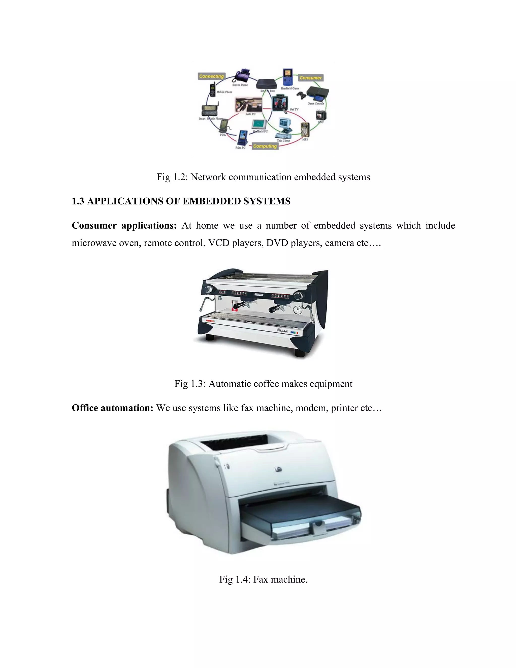 Fig 1.2: Network communication embedded systems
1.3 APPLICATIONS OF EMBEDDED SYSTEMS
Consumer applications: At home we use a number of embedded systems which include
microwave oven, remote control, VCD players, DVD players, camera etc….
Fig 1.3: Automatic coffee makes equipment
Office automation: We use systems like fax machine, modem, printer etc…
Fig 1.4: Fax machine.
 