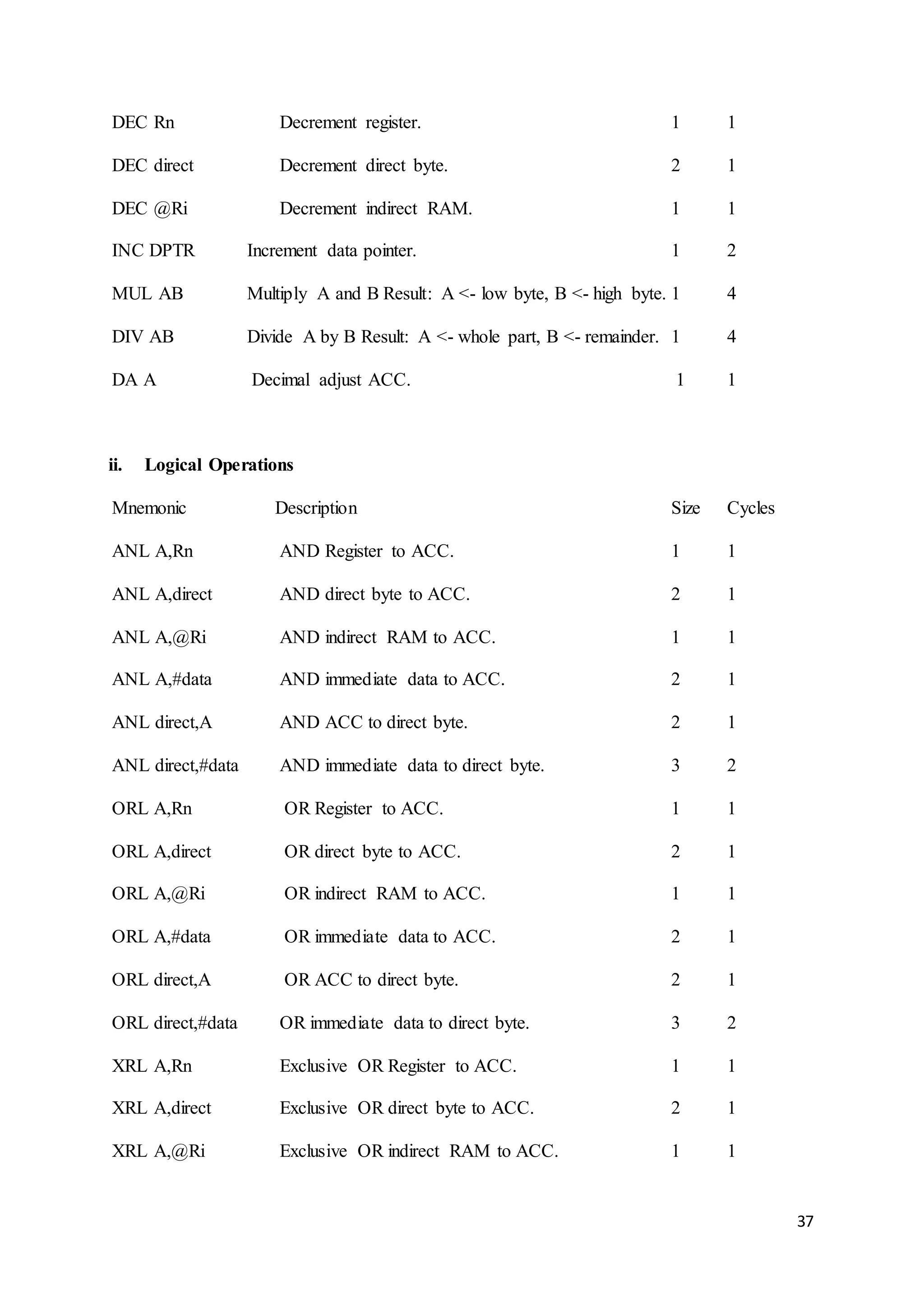 37 
DEC Rn Decrement register. 1 1 
DEC direct Decrement direct byte. 2 1 
DEC @Ri Decrement indirect RAM. 1 1 
INC DPTR Increment data pointer. 1 2 
MUL AB Multiply A and B Result: A <- low byte, B <- high byte. 1 4 
DIV AB Divide A by B Result: A <- whole part, B <- remainder. 1 4 
DA A Decimal adjust ACC. 1 1 
ii. Logical Operations 
Mnemonic Description Size Cycles 
ANL A,Rn AND Register to ACC. 1 1 
ANL A,direct AND direct byte to ACC. 2 1 
ANL A,@Ri AND indirect RAM to ACC. 1 1 
ANL A,#data AND immediate data to ACC. 2 1 
ANL direct,A AND ACC to direct byte. 2 1 
ANL direct,#data AND immediate data to direct byte. 3 2 
ORL A,Rn OR Register to ACC. 1 1 
ORL A,direct OR direct byte to ACC. 2 1 
ORL A,@Ri OR indirect RAM to ACC. 1 1 
ORL A,#data OR immediate data to ACC. 2 1 
ORL direct,A OR ACC to direct byte. 2 1 
ORL direct,#data OR immediate data to direct byte. 3 2 
XRL A,Rn Exclusive OR Register to ACC. 1 1 
XRL A,direct Exclusive OR direct byte to ACC. 2 1 
XRL A,@Ri Exclusive OR indirect RAM to ACC. 1 1 
 
