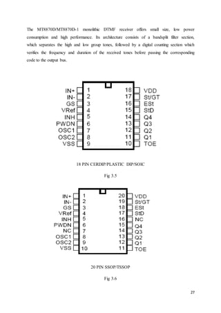 The MT8870D/MT8870D-1 monolithic DTMF receiver offers small size, low power 
consumption and high performance. Its architecture consists of a bandsplit filter section, 
which separates the high and low group tones, followed by a digital counting section which 
verifies the frequency and duration of the received tones before passing the corresponding 
code to the output bus. 
27 
18 PIN CERDIP/PLASTIC DIP/SOIC 
Fig 3.5 
20 PIN SSOP/TSSOP 
Fig 3.6 
 