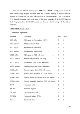 There are two different memory types: RAM and EEPROM. Shortly, RAM is used to 
store variable during program execution, while the EEPROM memory is used to store the 
program itself, that's why it is often referred to as the 'program memory'. It is clear that the 
CPU (Central Processing Unit) is the heart of the micro controllers. It is the CPU that will 
Read the program from the FLASH memory and Execute it by interacting with the different 
peripherals. 
36 
3.2.9.5 8051 Instruction Set 
i. Arithmetic Operations 
Mnemonic Description Size Cycles 
ADD A,Rn Add register to Accumulator (ACC). 1 1 
ADD A,direct Add direct byte to ACC. 2 1 
ADD A,@Ri Add indirect RAM to ACC . 1 1 
ADD A,#data Add immediate data to ACC . 2 1 
ADDC A,Rn Add register to ACC with carry . 1 1 
ADDC A,direct Add direct byte to ACC with carry. 2 1 
ADDC A,@Ri Add indirect RAM to ACC with carry. 1 1 
ADDC A,#data Add immediate data to ACC with carry. 2 1 
SUBB A,Rn Subtract register from ACC with borrow. 1 1 
SUBB A,direct Subtract direct byte from ACC with borrow 2 1 
SUBB A,@Ri Subtract indirect RAM from ACC with borrow. 1 1 
SUBB A,#data Subtract immediate data from ACC with borrow. 2 1 
INC A Increment ACC. 1 1 
INC Rn Increment register. 1 1 
INC direct Increment direct byte. 2 1 
INC @Ri Increment indirect RAM. 1 1 
DEC A Decrement ACC. 1 1 
 