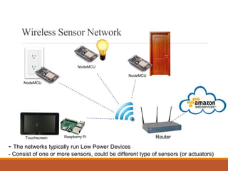 WirelessSensorNetwork
NodeMCU
NodeMCU
NodeMCU
Raspberry PiTouchscreen
- The networks typically run Low Power Devices
- Consist of one or more sensors, could be different type of sensors (or actuators)
Router
 
