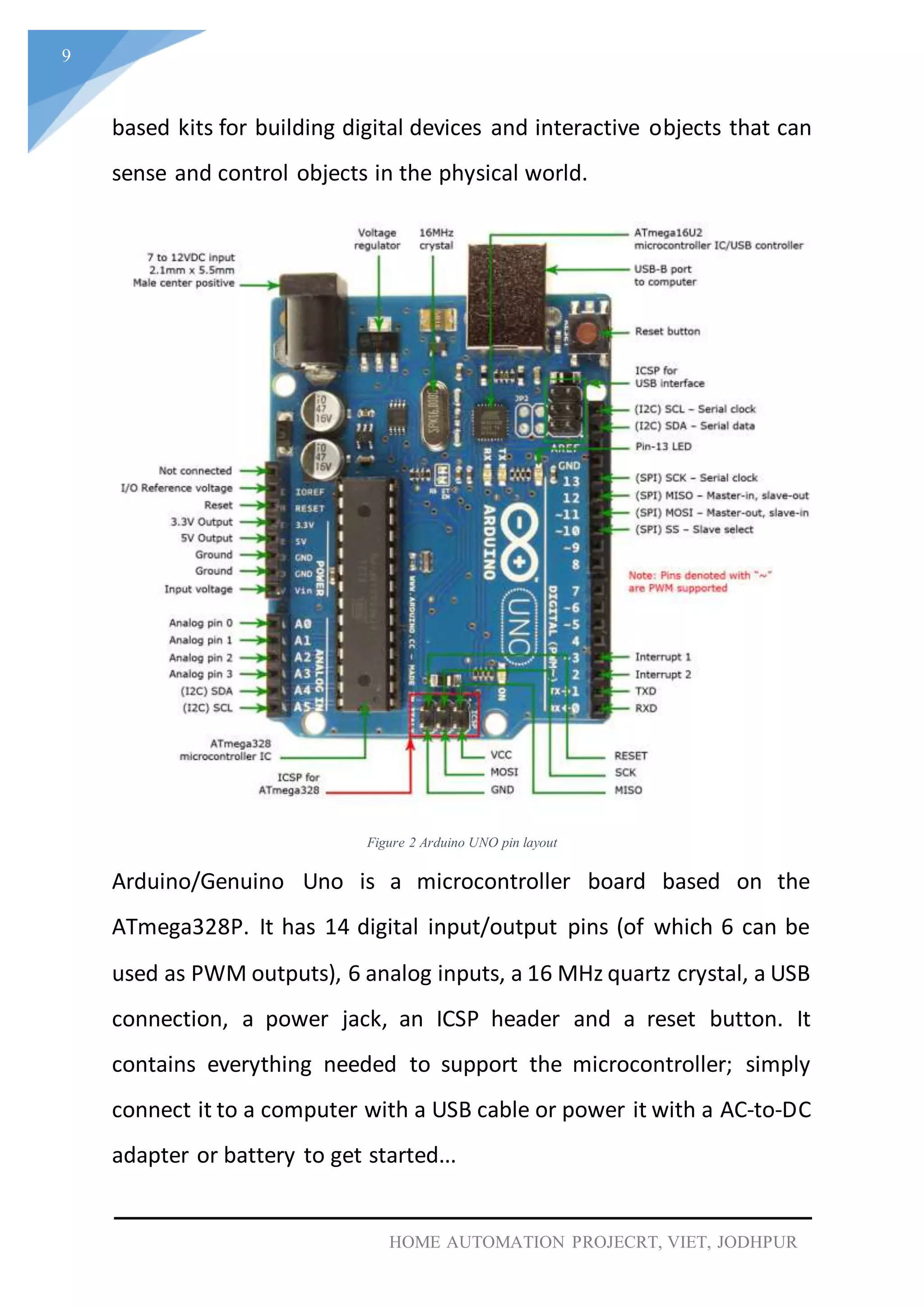 9
HOME AUTOMATION PROJECRT, VIET, JODHPUR
based kits for building digital devices and interactive objects that can
sense and control objects in the physical world.
Figure 2 Arduino UNO pin layout
Arduino/Genuino Uno is a microcontroller board based on the
ATmega328P. It has 14 digital input/output pins (of which 6 can be
used as PWM outputs), 6 analog inputs, a 16 MHz quartz crystal, a USB
connection, a power jack, an ICSP header and a reset button. It
contains everything needed to support the microcontroller; simply
connect it to a computer with a USB cable or power it with a AC-to-DC
adapter or battery to get started...
 