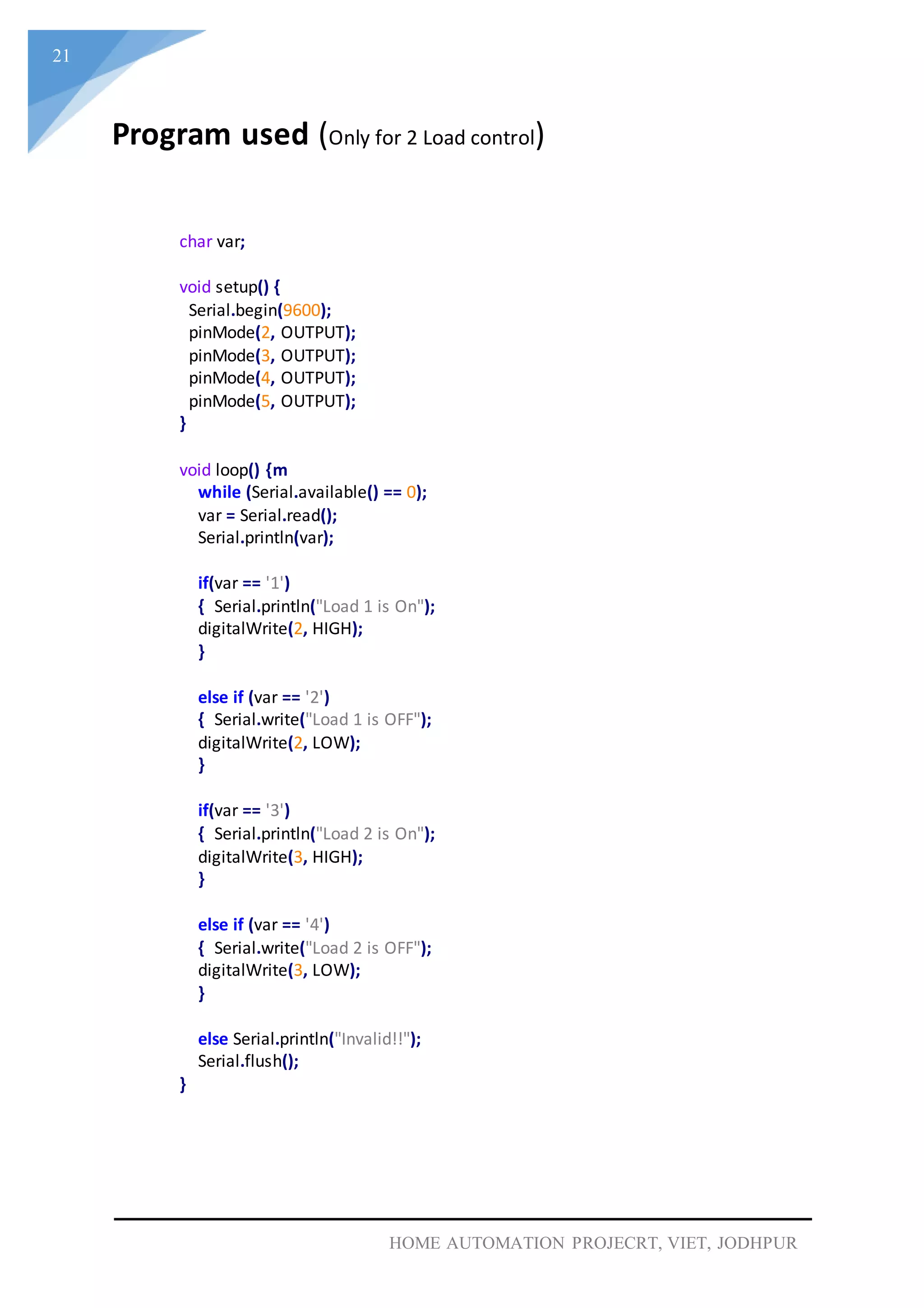 21
HOME AUTOMATION PROJECRT, VIET, JODHPUR
char var;
void setup() {
Serial.begin(9600);
pinMode(2, OUTPUT);
pinMode(3, OUTPUT);
pinMode(4, OUTPUT);
pinMode(5, OUTPUT);
}
void loop() {m
while (Serial.available() == 0);
var = Serial.read();
Serial.println(var);
if(var == '1')
{ Serial.println("Load 1 is On");
digitalWrite(2, HIGH);
}
else if (var == '2')
{ Serial.write("Load 1 is OFF");
digitalWrite(2, LOW);
}
if(var == '3')
{ Serial.println("Load 2 is On");
digitalWrite(3, HIGH);
}
else if (var == '4')
{ Serial.write("Load 2 is OFF");
digitalWrite(3, LOW);
}
else Serial.println("Invalid!!");
Serial.flush();
}
Program used (Only for 2 Load control)
 