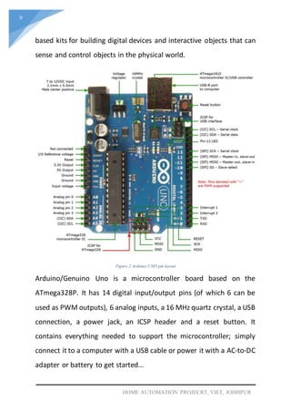 9
HOME AUTOMATION PROJECRT, VIET, JODHPUR
based kits for building digital devices and interactive objects that can
sense and control objects in the physical world.
Figure 2 Arduino UNO pin layout
Arduino/Genuino Uno is a microcontroller board based on the
ATmega328P. It has 14 digital input/output pins (of which 6 can be
used as PWM outputs), 6 analog inputs, a 16 MHz quartz crystal, a USB
connection, a power jack, an ICSP header and a reset button. It
contains everything needed to support the microcontroller; simply
connect it to a computer with a USB cable or power it with a AC-to-DC
adapter or battery to get started...
 