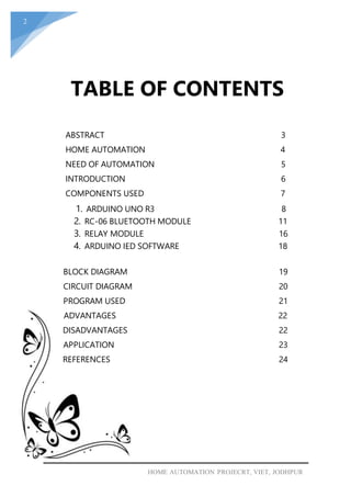 2
HOME AUTOMATION PROJECRT, VIET, JODHPUR
TABLE OF CONTENTS
ABSTRACT 3
HOME AUTOMATION 4
NEED OF AUTOMATION 5
INTRODUCTION 6
COMPONENTS USED 7
1. ARDUINO UNO R3 8
2. RC-06 BLUETOOTH MODULE 11
3. RELAY MODULE 16
4. ARDUINO IED SOFTWARE 18
BLOCK DIAGRAM 19
CIRCUIT DIAGRAM 20
PROGRAM USED 21
ADVANTAGES 22
DISADVANTAGES 22
APPLICATION 23
REFERENCES 24
 