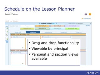 Schedule on the Lesson Planner

• Drag and drop functionality
• Viewable by principal
• Personal and section views
available

 