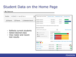 Student Data on the Home Page

- Reflects current students
- Select desired class
- View roster and recent
test results

 