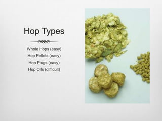 Hop TypesWhole Hops (easy)Hop Pellets (easy)Hop Plugs (easy)Hop Oils (difficult)