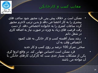 ‫کارخانگی‬ ‫و‬ ‫کسب‬ ‫معایب‬‫کارخانگی‬ ‫و‬ ‫کسب‬ ‫معایب‬
•‫های‬ ‫سااعت‬ ‫شود‬ ‫مجبور‬ ‫فرد‬ ‫بینی‬ ‫پیش‬ ‫خلف‬ ‫بر‬ ‫است‬ ‫ممکن‬
‫مجبور‬ ‫لجرم‬ ‫ترتیب‬ ‫بدین‬ ‫و‬ ‫دهد‬ ‫ص‬ ‫اختصا‬ ‫کار‬ ‫به‬ ‫را‬ ‫بیشتری‬
‫دست‬ ‫از‬ .‫دهد‬ ‫اختصاص‬ ‫خانواده‬ ‫به‬ ‫را‬ ‫کمتری‬ ‫سااعا ت‬ ‫گردد‬
‫کاری‬ ‫اضافه‬ ‫به‬ ‫نیاز‬ ‫صور ت‬ ‫در‬ ‫ویژه‬ ‫به‬ ‫زیاد‬ ‫های‬ ‫فرصت‬ ‫رفت‬
‫دائم‬ ‫شغل‬ ‫در‬
•‫کمبود‬ ‫اعلت‬ ‫به‬ ‫خانگی‬ ‫کار‬ ‫و‬ ‫کسب‬ ‫آهسته‬ ‫بسیار‬ ‫رشد‬
‫آن‬ ‫به‬ ‫وقت‬ ‫اختصاص‬
‫تمرکز‬ ‫سختی‬100‫جدید‬ ‫کار‬ ‫و‬ ‫کسب‬ ‫روی‬ ‫بر‬ ‫درصد‬
•‫گری‬ ‫انزوا‬ ‫واقع‬ ‫در‬ .‫کند‬ ‫تنهایی‬ ‫احساس‬ ‫است‬ ‫ممکن‬ ‫فرد‬
‫با‬ ‫خانگی‬ ‫کارهای‬ ‫کارگران‬ ‫که‬ ‫ست‬ ‫جدی‬ ‫بسیار‬ ‫مشکل ت‬ ‫از‬ ‫یکی‬
‫باشند‬ ‫می‬ ‫مواجه‬ ‫آن‬
28
 