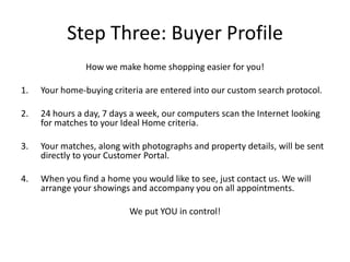 Step Three: Buyer Profile
                How we make home shopping easier for you!

1.   Your home-buying criteria are entered into our custom search protocol.

2.   24 hours a day, 7 days a week, our computers scan the Internet looking
     for matches to your Ideal Home criteria.

3.   Your matches, along with photographs and property details, will be sent
     directly to your Customer Portal.

4.   When you find a home you would like to see, just contact us. We will
     arrange your showings and accompany you on all appointments.

                           We put YOU in control!
 