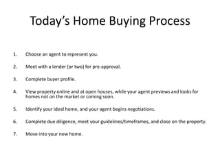 Today’s Home Buying Process

1.   Choose an agent to represent you.

2.   Meet with a lender (or two) for pre-approval.

3.   Complete buyer profile.

4.   View property online and at open houses, while your agent previews and looks for
     homes not on the market or coming soon.

5.   Identify your ideal home, and your agent begins negotiations.

6.   Complete due diligence, meet your guidelines/timeframes, and close on the property.

7.   Move into your new home.
 
