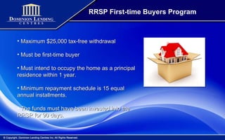 RRSP First-time Buyers Program Maximum $25,000 tax-free withdrawal Must be first-time buyer Must intend to occupy the home as a principal residence within 1 year. Minimum repayment schedule is 15 equal annual installments. The funds must have been invested into the RRSP for 90 days. 